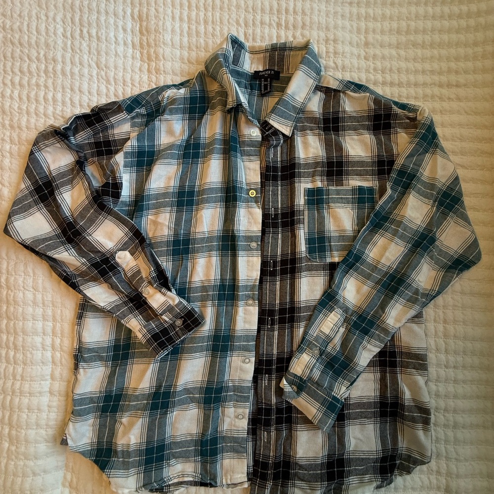 Forever 21 Plaid Casual Shirt - Black, White, Green